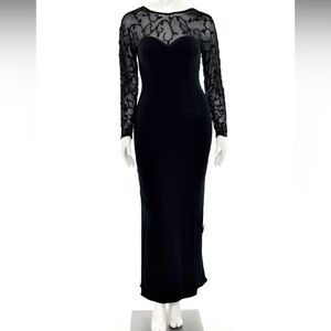 Vintage EUC Oleg Cassini Black Long Sleeve Semi Sheer Beaded Dress Low Cut Back